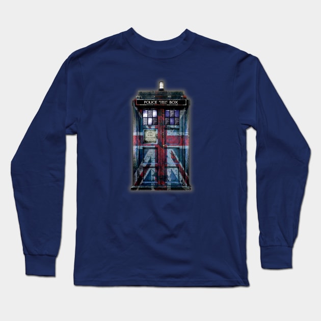 Blue Phone Booth with rustic british flag paint Long Sleeve T-Shirt by Dezigner007